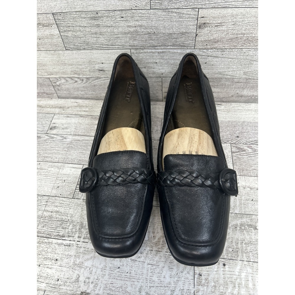 Born Blanche Buckle Strap Black Leather Kitten Heel Slip On Loafers Women Sz 10 - Picture 2 of 12